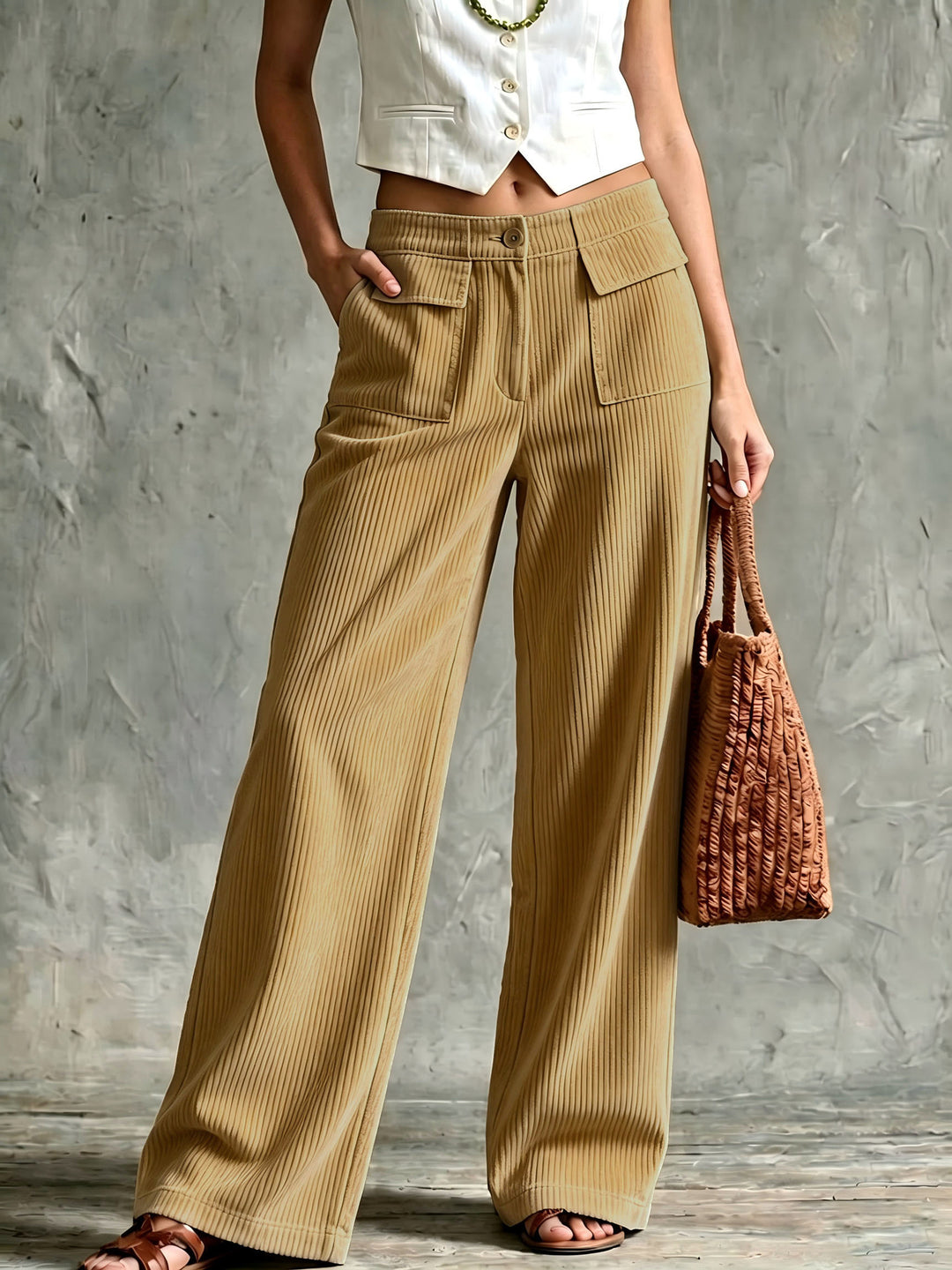 Damen Weite Cord-Palazzohose mit hoher Taille und aufgesetzten Pattentaschen Drune