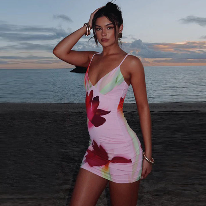Damen Figurbetontes Minikleid mit Blumenprint und tiefem V-Ausschnitt Drune