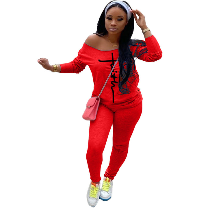 Damen Lässiges Off-Shoulder Zweiteiler-Set mit Figurbetonter Leggings und Oversize-Shirt Drune
