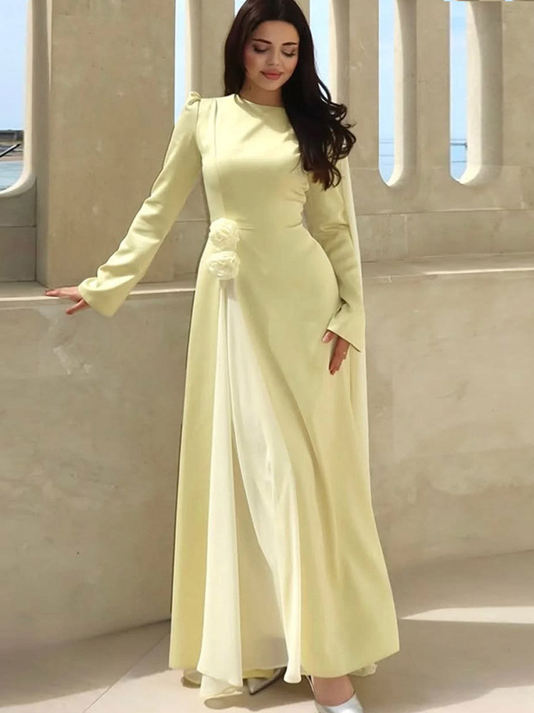 Damen Abendkleid mit Cape-Ärmeln, taillierter Silhouette und Zierblüten-Detail Drune