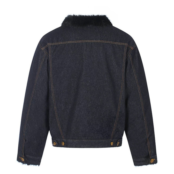 Damen gefütterte Jeansjacke mit Kunstfellkragen, Teddy‑Innenfutter und Goldknopf-Details Drune