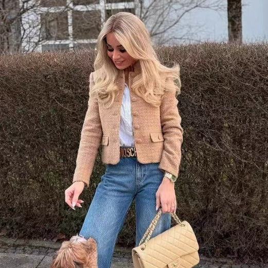 Damen nan taillierte Bouclé-Tweed Jacke mit Stehkragen und vier Zier-Taschen Drune