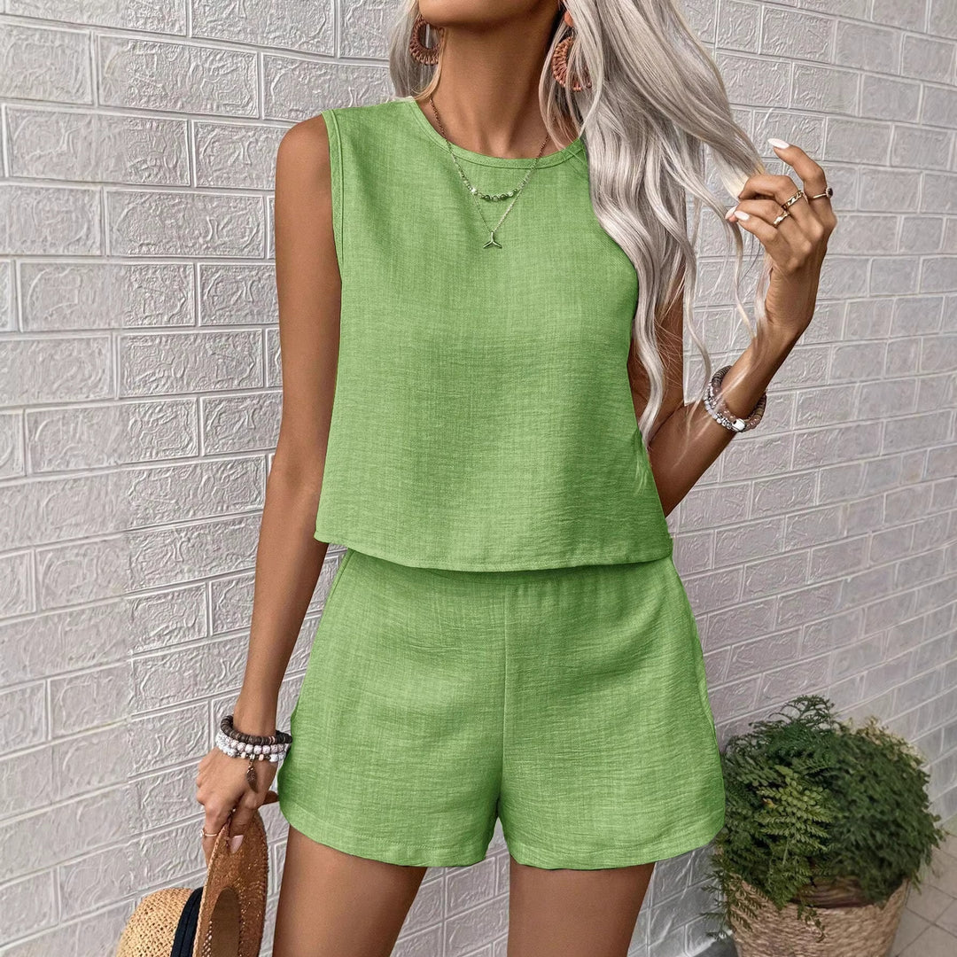 Damen Zweiteiliges Leichtes Leinen-Set mit Ärmellosem Crop-Top und taillenhohen Shorts Drune