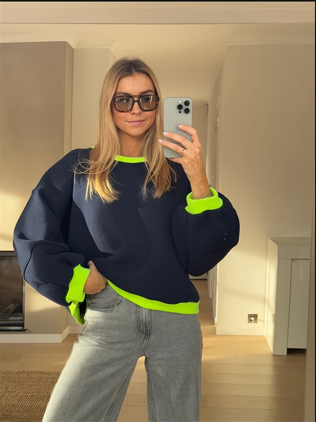 Damen lässiger Oversized-Sweater mit Kontrastdetails Drune