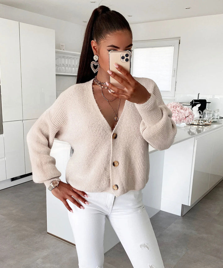 Damen kuschelige Strickjacke mit großen Knöpfen und lockeren Ärmeln Drune