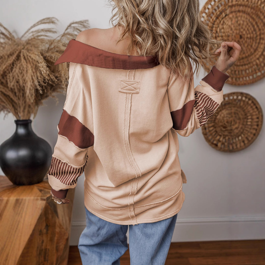Damen Oversize Sweatshirt mit V-Ausschnitt, gestreiften Ärmelaufsätzen und Kontrastdetails Drune