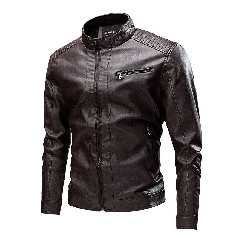 Herren Biker-Lederimitatjacke im Racing-Stil mit Stehkragen und Reißverschlusstaschen Drune