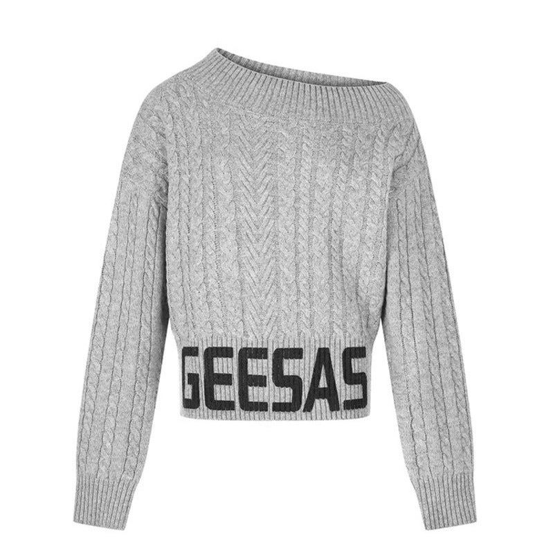 Damen Kurzer Zopfstrick-Pullover mit weitem Boat-Ausschnitt und markantem Logobund Drune