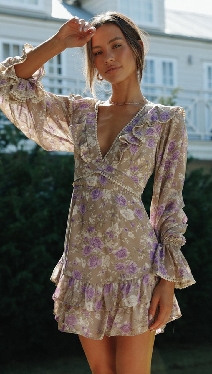 Damen romantisches Kurzkleid mit verspielten Rüschen und elegantem Rückenausschnitt Drune