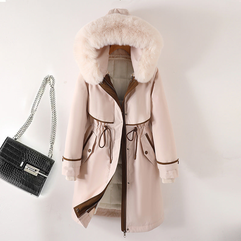 Damen nan langer Parka mit Kunstfellkapuze Taillenzug und kontrastierten Paspeln Drune
