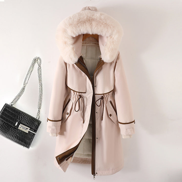 Damen nan langer Parka mit Kunstfellkapuze Taillenzug und kontrastierten Paspeln Drune