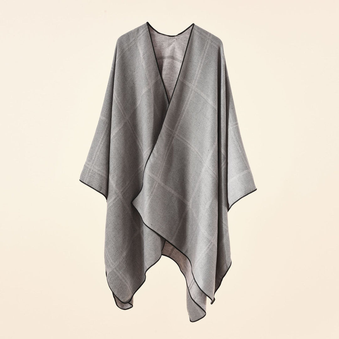 Damen Leichter Karierter Wollmix-Ruana Poncho mit V-Ausschnitt Drune