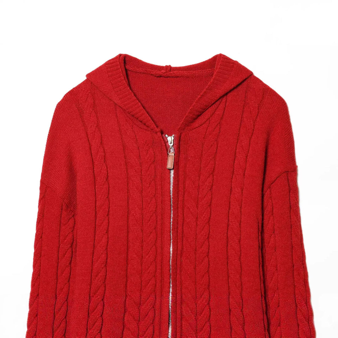 Damen Kapuzen-Strickjacke mit Zopfmuster und durchgehendem Reißverschluss Drune