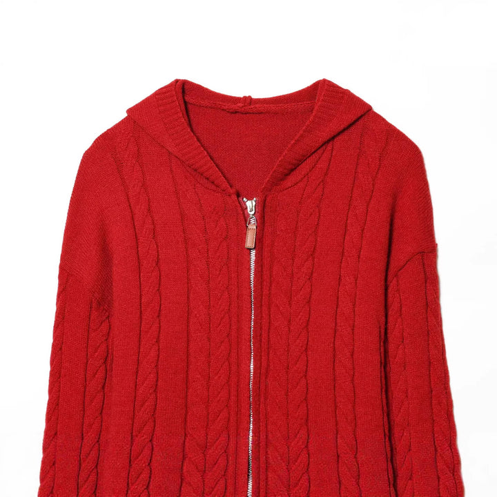 Damen Kapuzen-Strickjacke mit Zopfmuster und durchgehendem Reißverschluss Drune
