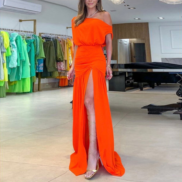 Damen schulterfreies Maxikleid mit fließendem Design und hohem Schlitz Drune
