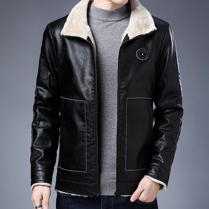 Herren Kunstleder‑Fliegerjacke mit durchgehendem Teddyfutter und Stehkragen Drune