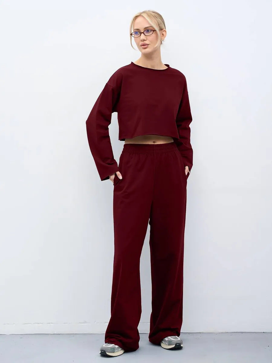 Damen Kurzgeschnittenes Sweatshirt und High-Waist Relax-Jogginghose Set Drune