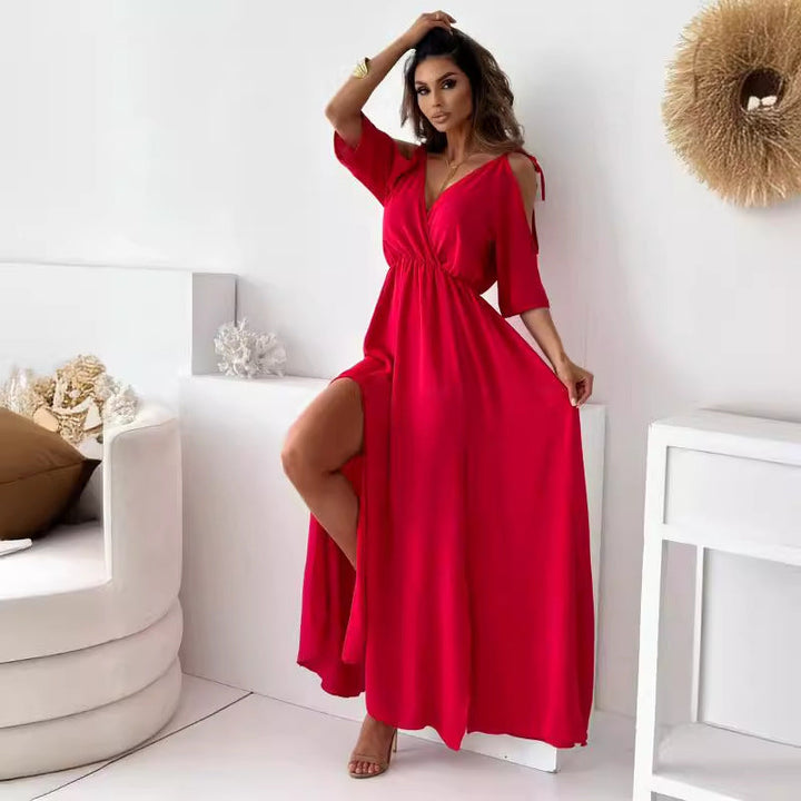 Drune | Satin-Träger-Spitzen-V-Ausschnitt-Langes Kleid