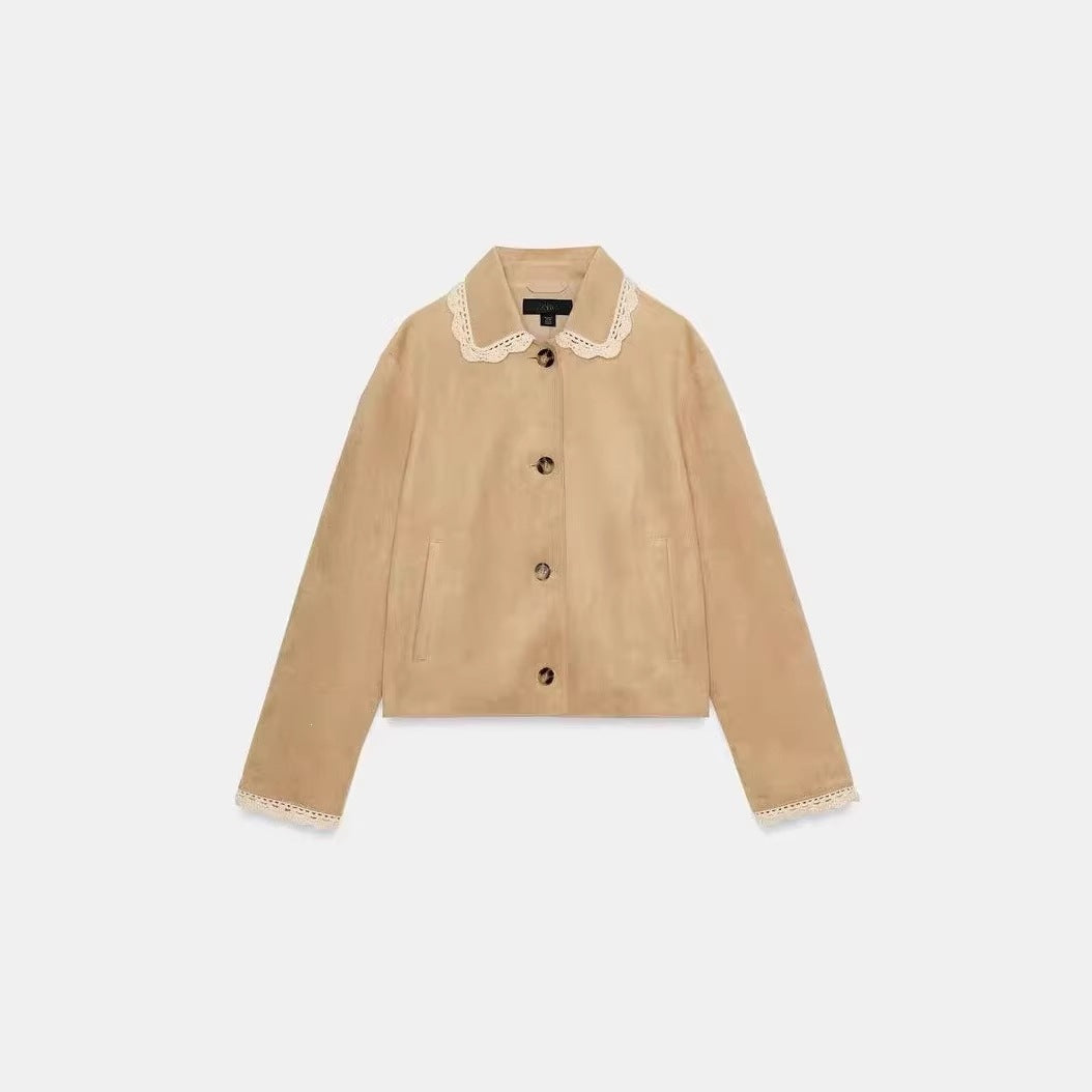 Damen Kurzjacke mit Häkelspitzenkragen und Spitzenmanschetten Drune