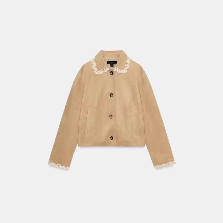 Damen Kurzjacke mit Häkelspitzenkragen und Spitzenmanschetten Drune