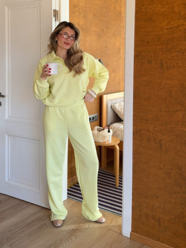 Damen Loungewear-Anzug aus weichem Fleece mit Polo-Kragen und geraden Hosen Drune