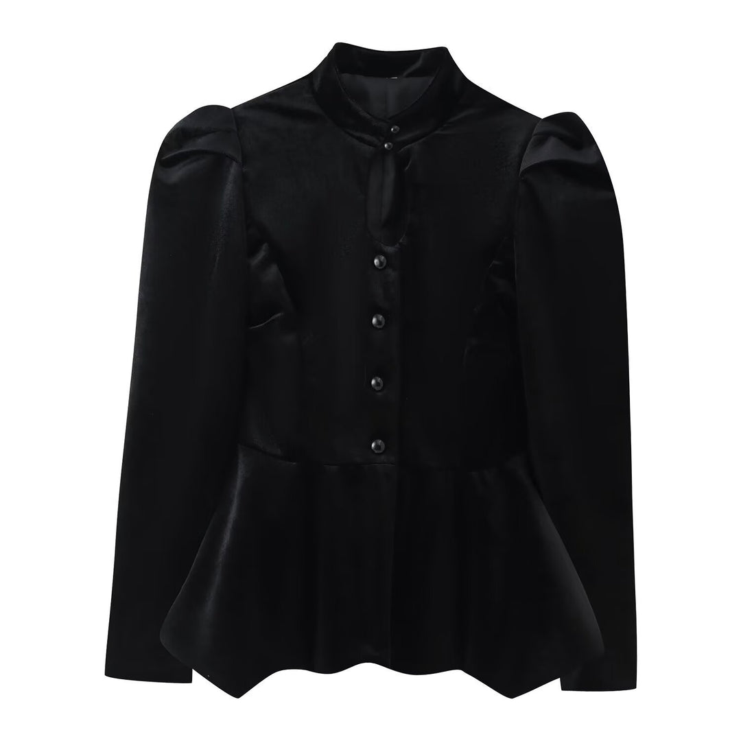 Damen Satinbluse mit Stehkragen, Puffärmeln und Peplum-Details Drune