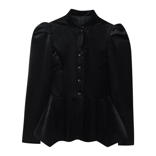 Damen Satinbluse mit Stehkragen, Puffärmeln und Peplum-Details Drune