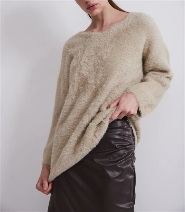 Damen Oversize-Flauschpullover mit V-Ausschnitt und Teddy-Optik Drune