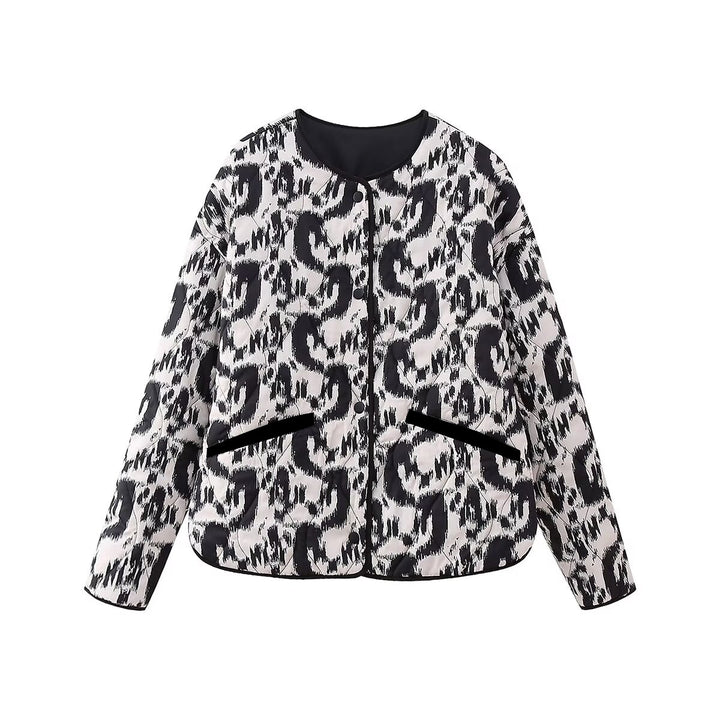 Damen nan gesteppte Leo-Print Steppjacke mit Rundhalsausschnitt, Druckknopfverschluss und aufgesetzten Taschen Drune