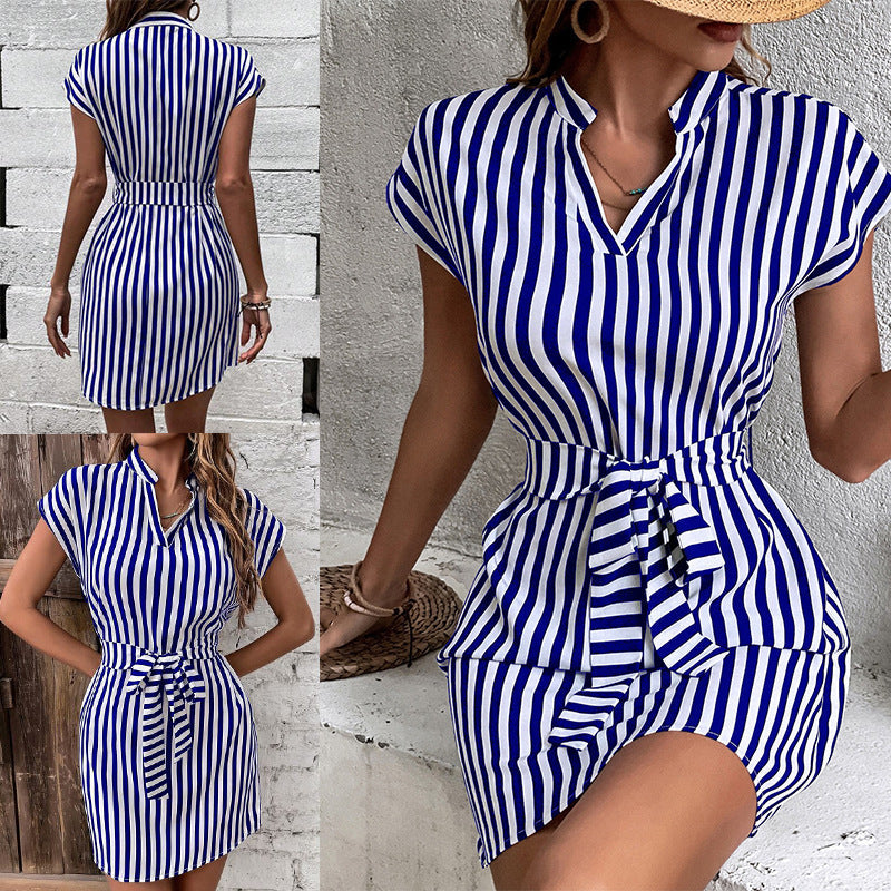 Damen Kurzarm Hemdkleid mit schmalem Taillengürtel Drune