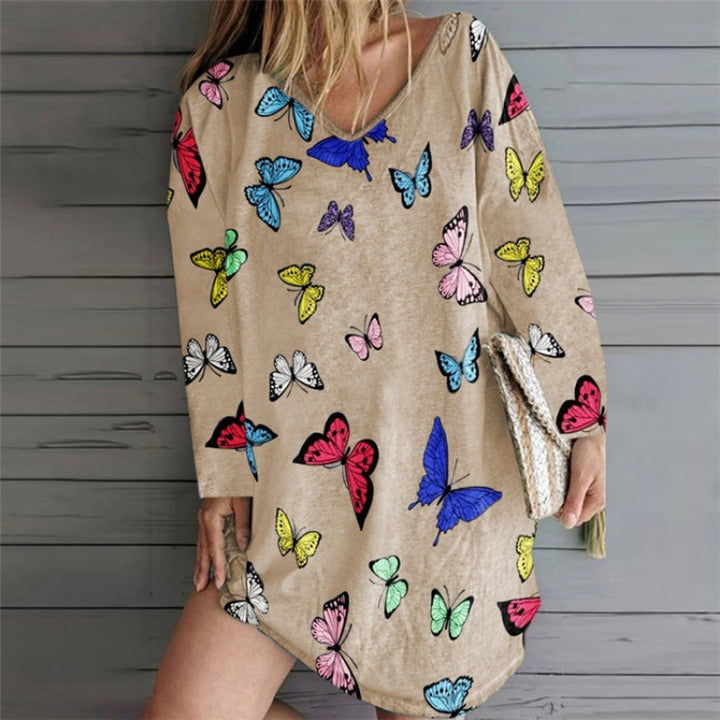 Damen Oversize Tunika-Kleid mit V-Ausschnitt und Schmetterlingsprint Drune