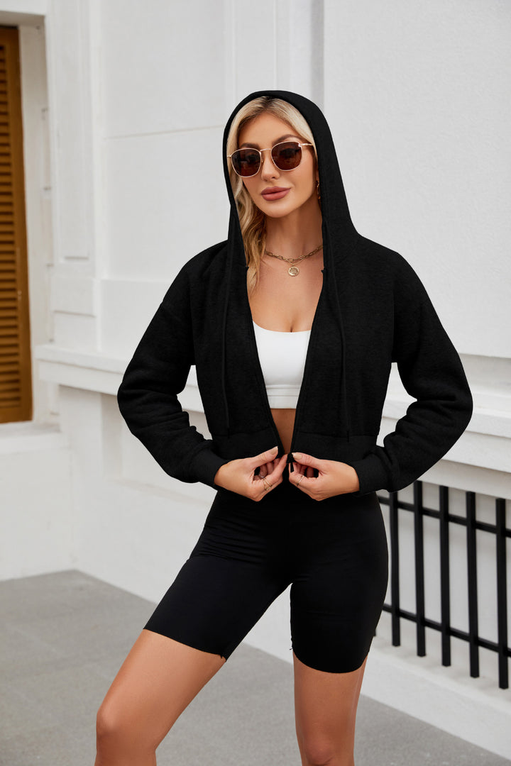 Damen Kurze Zip‑Hoodie Jacke mit Kapuze, Gummibund und Rippbündchen Drune