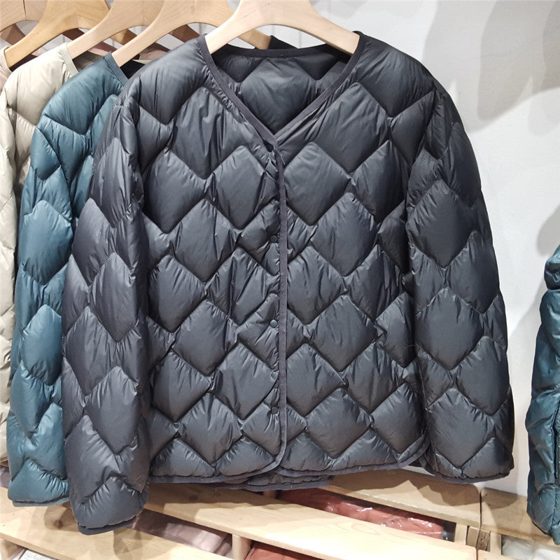 Damen Gesteppte Kurzjacke mit Diamantsteppung, Rundhalsausschnitt und Druckknöpfen Drune