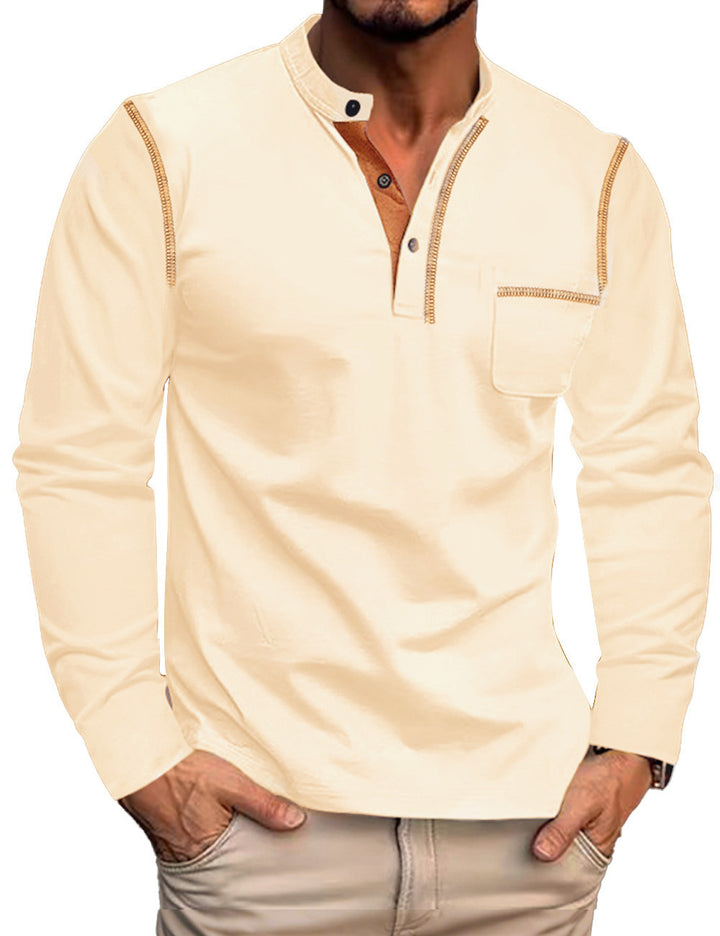 Herren nan Langarmshirt mit kurzer Knopfleiste Brusttasche und kontrastierenden Ziernähten Drune