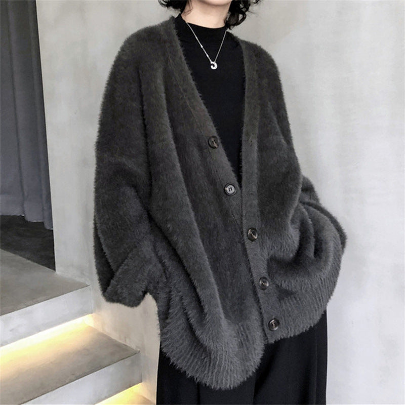 Damen Flauschiger Strickcardigan mit V-Ausschnitt und praktischen Knöpfen Drune
