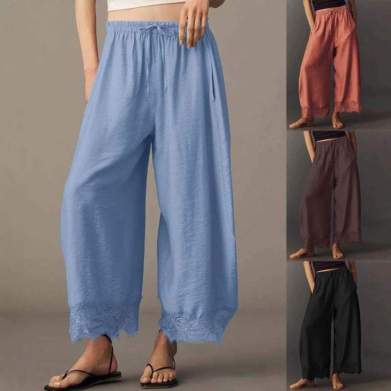 Damen Weite Palazzo-Hose mit elastischem Tunnelzugbund und Spitzenbesatz Drune