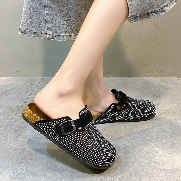Damen Clogs mit funkelnden Strasssteinchen und verstellbarem Schnallenverschluss Drune