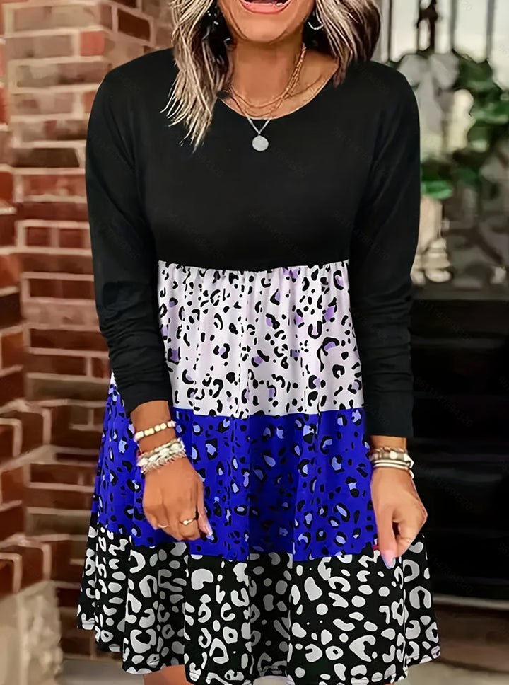 Damen nan langärmliges Stufenkleid mit geraffter Empire-Taille und gemischtem Animal-Print Drune