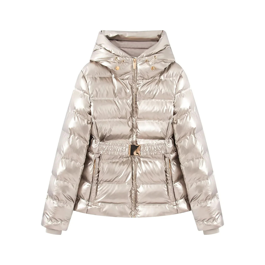 Damen nan gesteppte Glanz-Steppjacke mit Kapuze, wattierter Thermofütterung und elastischem Taillengürtel Drune