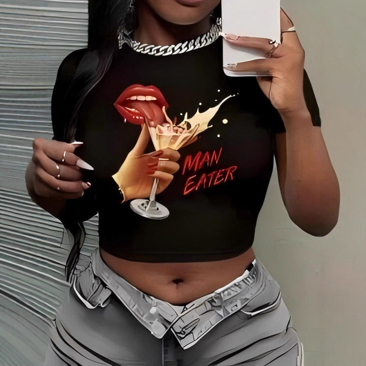 Damen Crop-Top mit künstlerischem Statement-Druck Drune