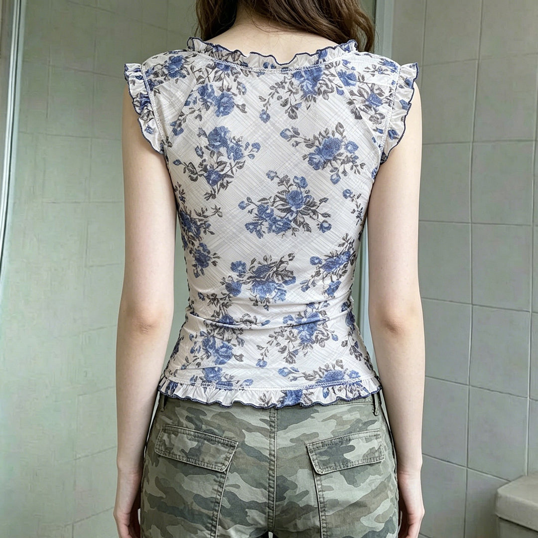 Damen Elegantes Spitzenoberteil mit floralen Akzenten und Rüschen Drune