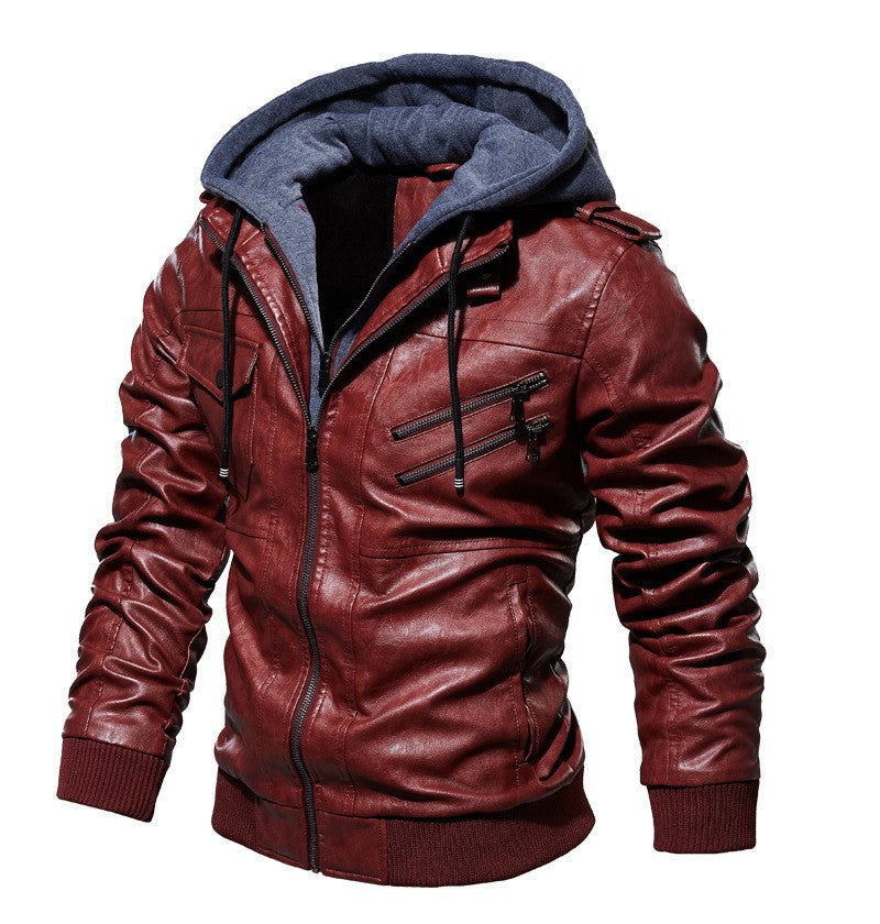 Herren modische Lederjacke mit Kapuze und Innenfleece Drune