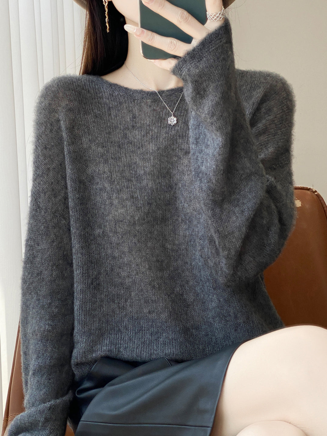 Damen Ultraleichter Mohair‑Look Oversize-Pullover mit U-Boot-Ausschnitt und überschnittener Schulter Drune