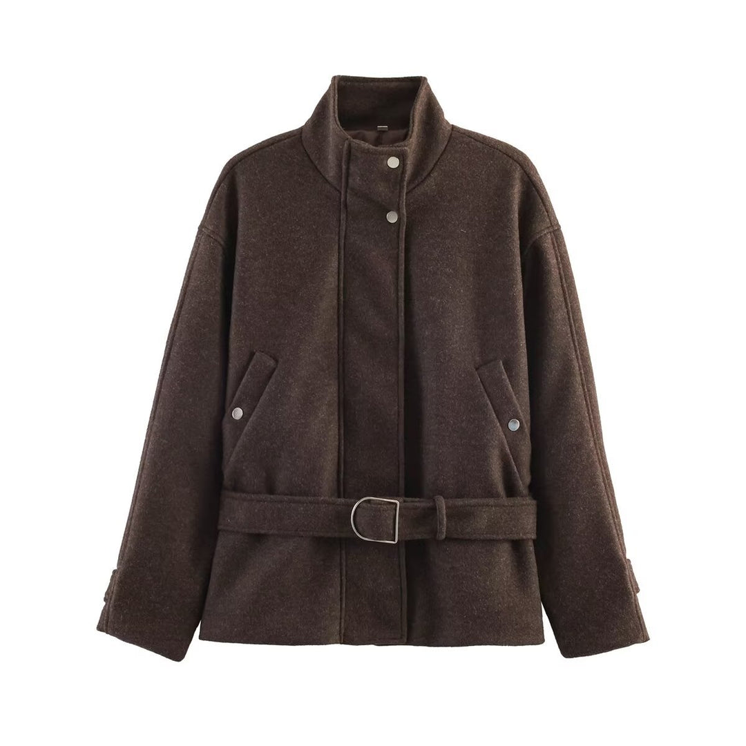 Damen Gekürzte Wollmix-Jacke mit Stehkragen, Taillengürtel und Druckknopfverschluss Drune