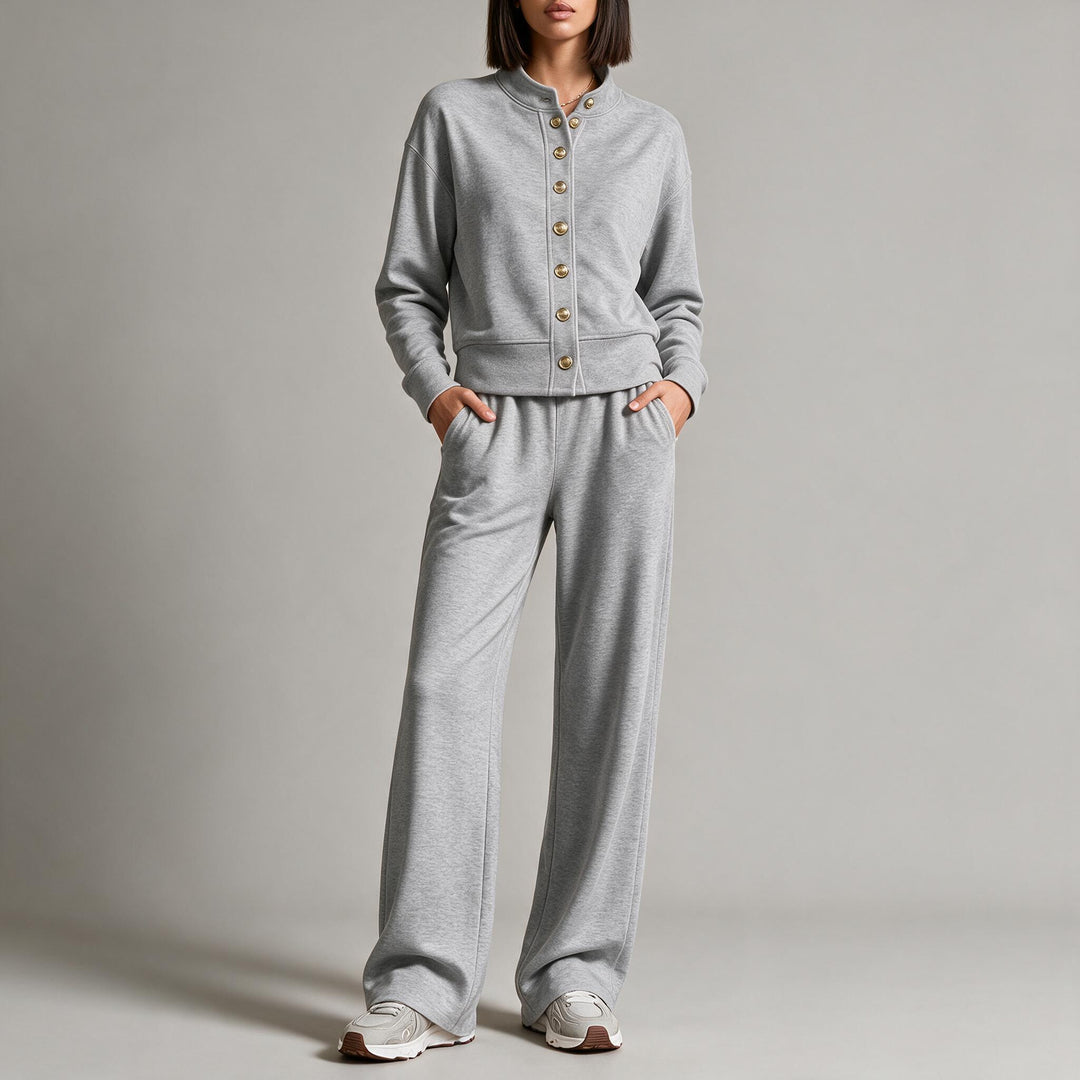 Damen Sweatjacke mit Druckknopfleiste, Stehkragen und weichem Lounge-Schnitt Drune