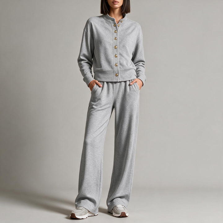 Damen Sweatjacke mit Druckknopfleiste, Stehkragen und weichem Lounge-Schnitt Drune