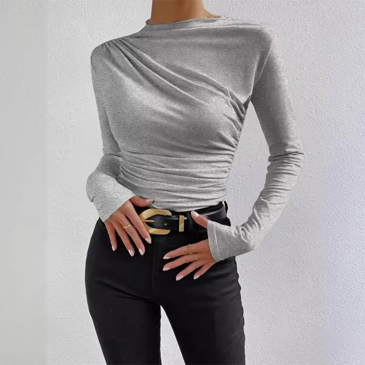 Damen nan figurbetontes Langarmshirt mit asymmetrischer Raffung am Vorderteil und U-Boot-Ausschnitt Drune