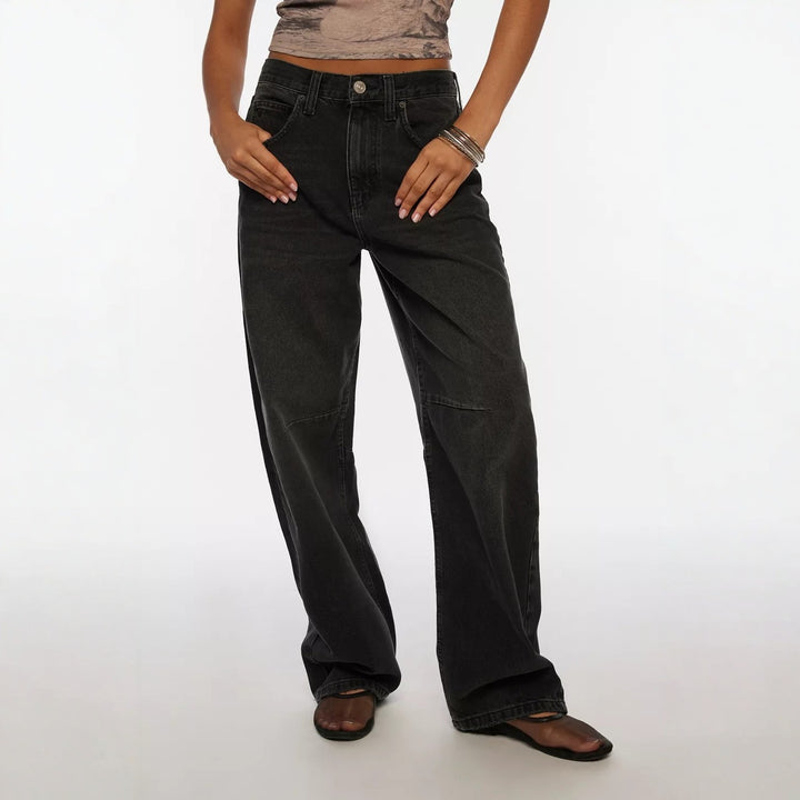 Damen nan hochgeschnittene weite Denimhose mit Kniepasse und extra weitem Bein Drune
