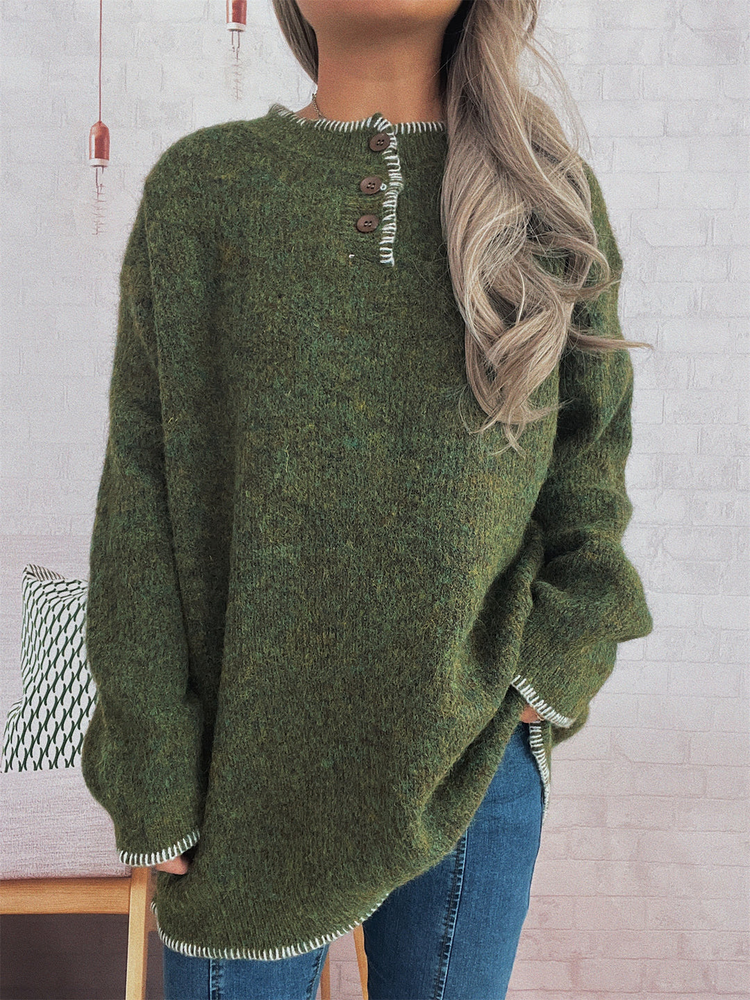 Damen lässiger Strickpullover mit klassischem Knopfdesign und übergroßem Schnitt Drune