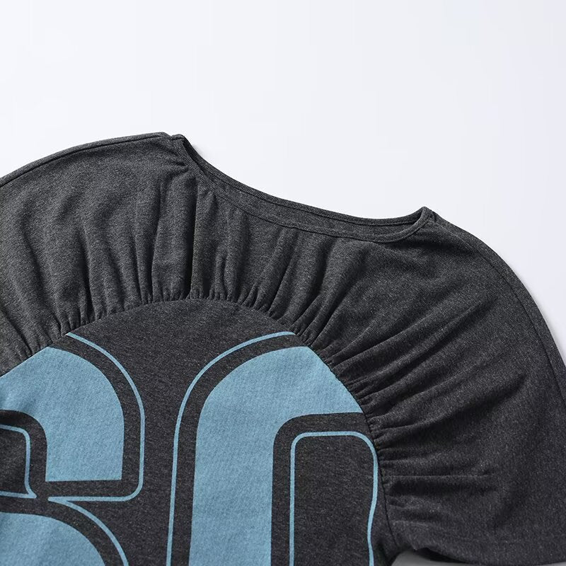 Damen lässiges Kurzarm-T-Shirt mit Raffung und grafischem Druck Drune